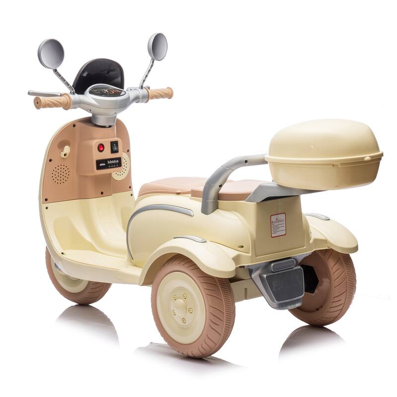 12V Ride-On Two-Seater Motorcycle for Kids, Three-Wheel Design, USB, Bluetooth, Adult Seat Flip, and Storage for Ages 3-6.