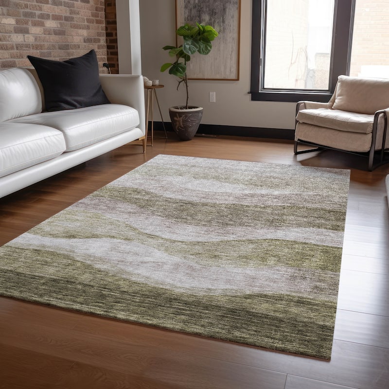 Machine Washable Indoor/ Outdoor Contemporary Waves Chantille Rug - Taupe - 9' x 12'