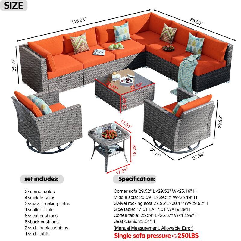 OVIOS Deep Seat Wicker 10-piece Sectional Set Swivel Chairs With Glass Top Coffee Table