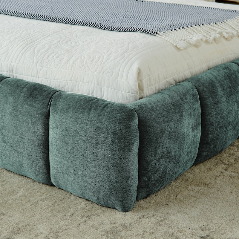 Block Thick Chenille Low Profile Platform Bed Fabric Upholstered Bedframe with Headboard Solid Wood Frame - Optional Storage Bed