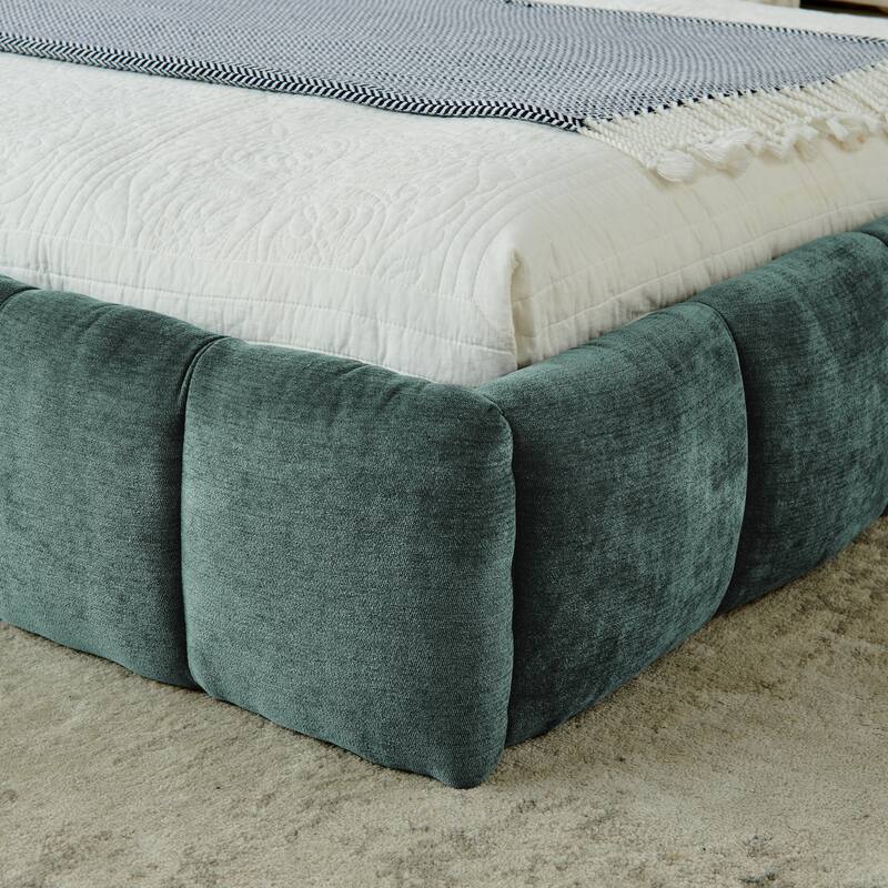 King Size Upholstered Floor Bed Frame with Thick Headboard, Chenille Fabric King Platform Bed w/Solid Frame, Wood Slats Support