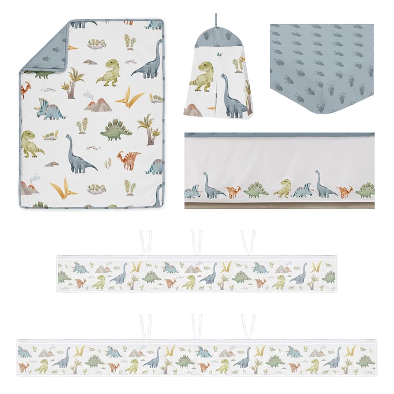 Sweet Jojo Designs 6p Crib Bedding + BreathableBaby Breathable Mesh Liner Watercolor Dinosaur Dino Boy Modern Animal