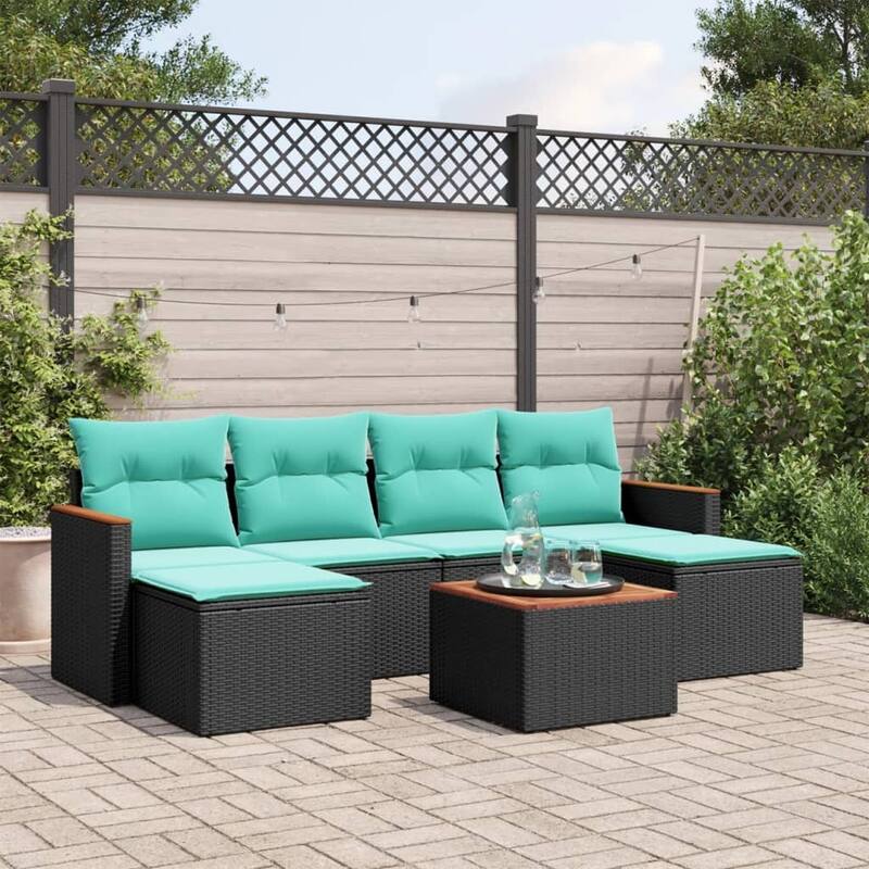 vidaXL Patio Sofa Set with Cushions Outdoor Conversation Furniture Poly Rattan - 21.7x 24.4x 27.2 - Black and Blue-With table
