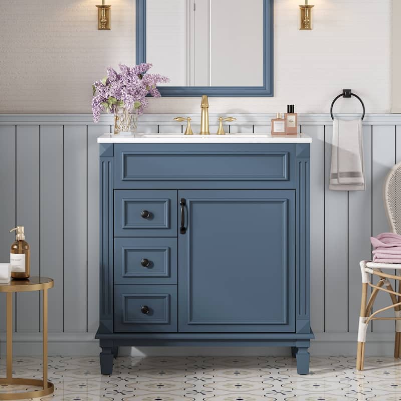 30" Bathroom Vanity With Ceramic Sink, Small Bathroom Sink Cabinet, Modern Cabinet With 2 Drawers And Adjustable Shelf