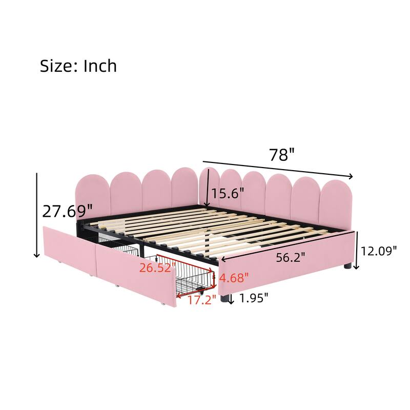 L-Shape Garden Backrest Daybed, Velvet Upholstered Sofabed with 2 Drawers, Soft Fabric Headboard Platform Bed Frame