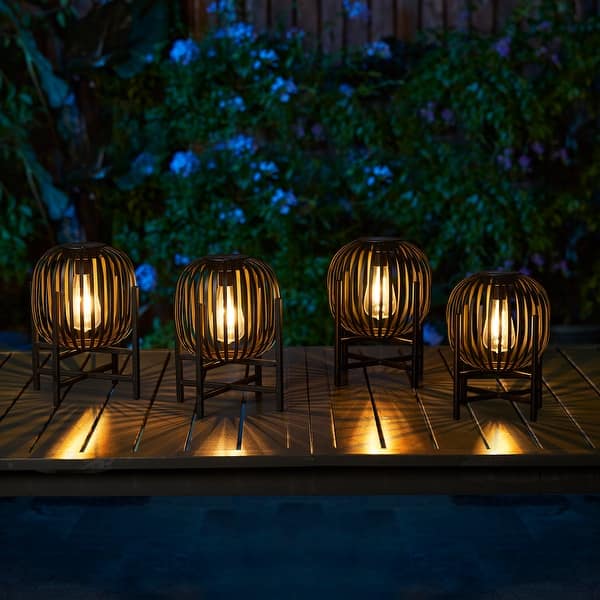 Glitzhome Outdoor Black Metal Striped Freestanding Solar Lantern Deck Lamp - 4PCS 11.5"H