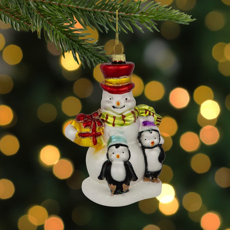 5.5" Snowman with Penguins Hanging Glass Christmas Ornament