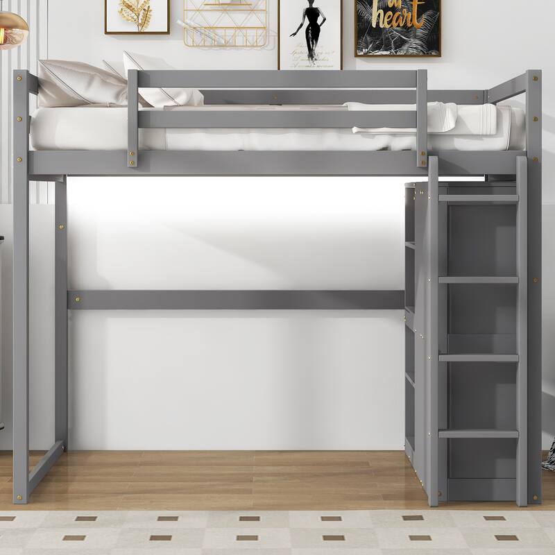 Full Size Loft Bed with Built-in Wardrobe, Storage Shelves, LED Light, and Guardrails, Space-Saving Design, Sturdy Wood Frame