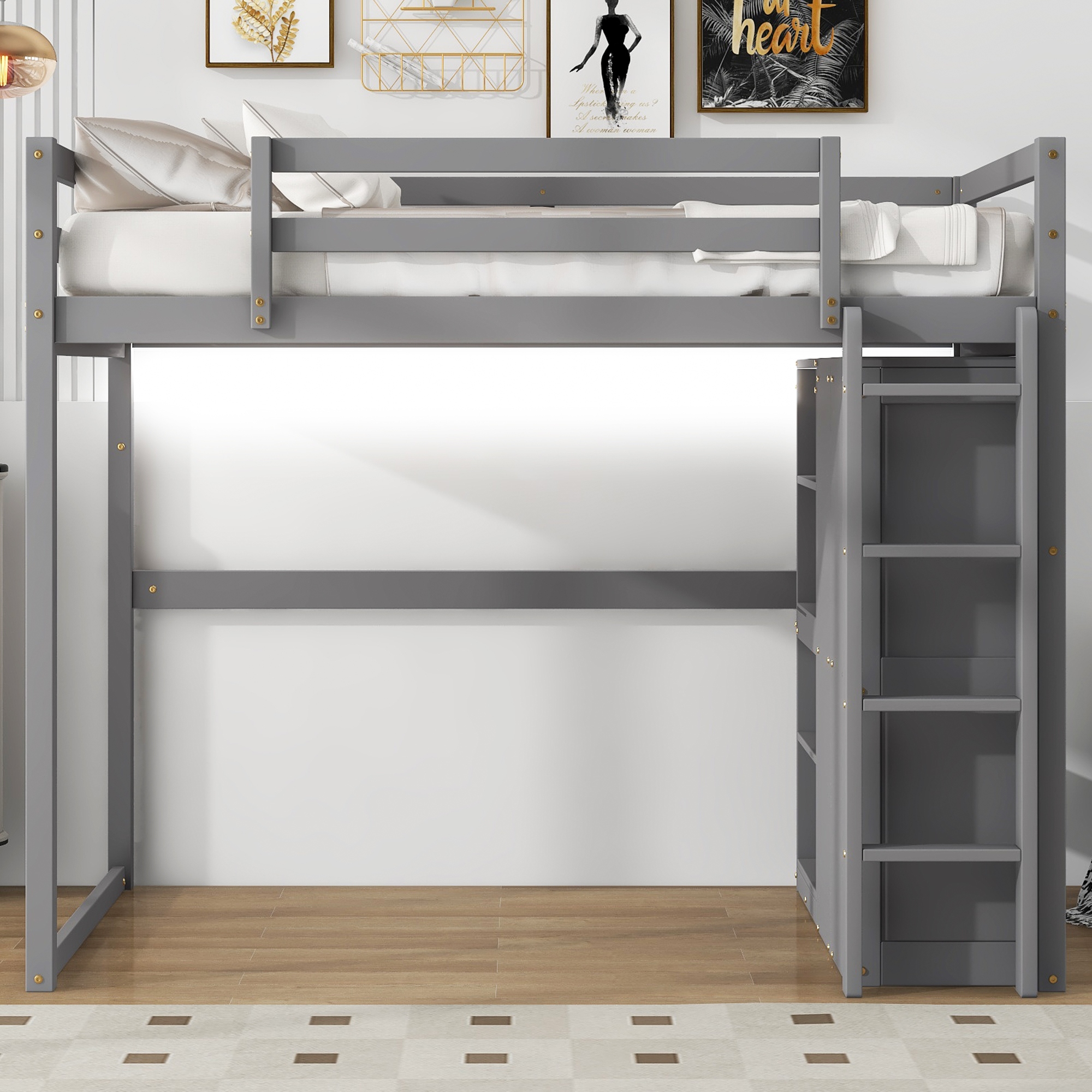 Full Size Loft Bed with Wardrobe, Storage Shelves, and LED Light - Modern Gray Design