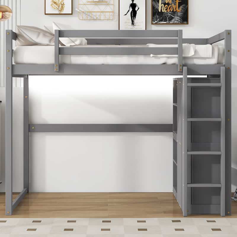 Wood Full Size Loft Bed with Built-in Wardrobe and Storage Shelves, Led light, Gray