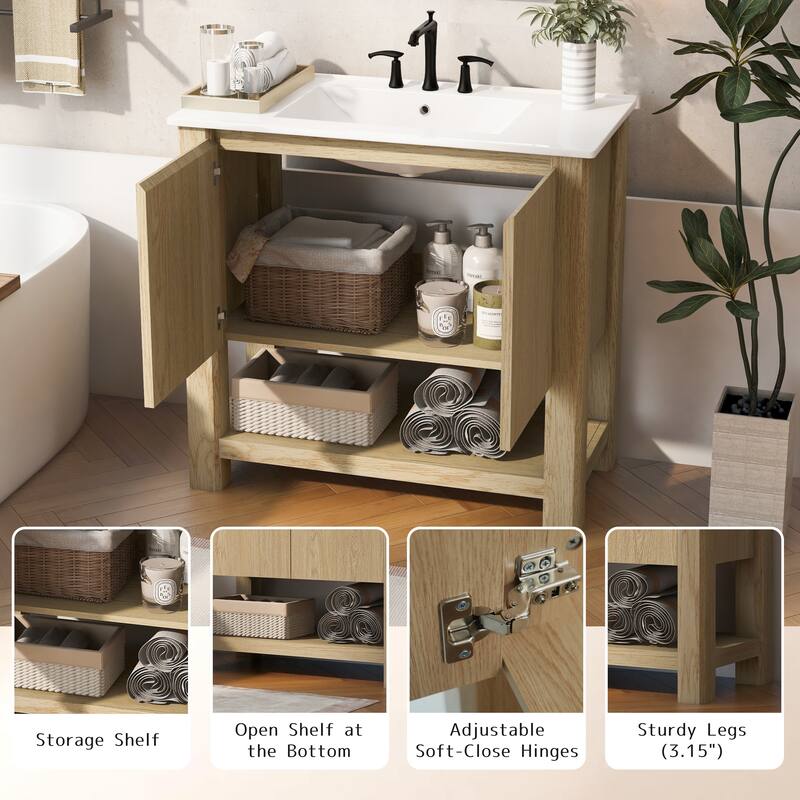 Bathroom Vanity with Ceramic Sink, Bathroom Cabinet with Soft-Closing Doors, Freestanding Cabinet with Open Shelf