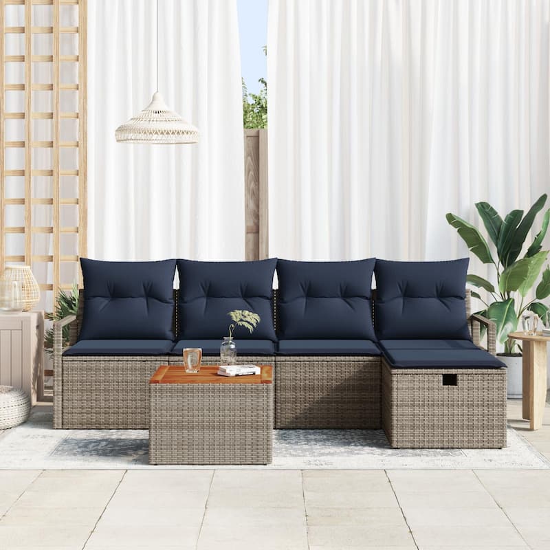 vidaXL 6 Garden Sofa Set with Cushions Black/Grey Poly Rattan - 90.6 x 46.1 x 27.2