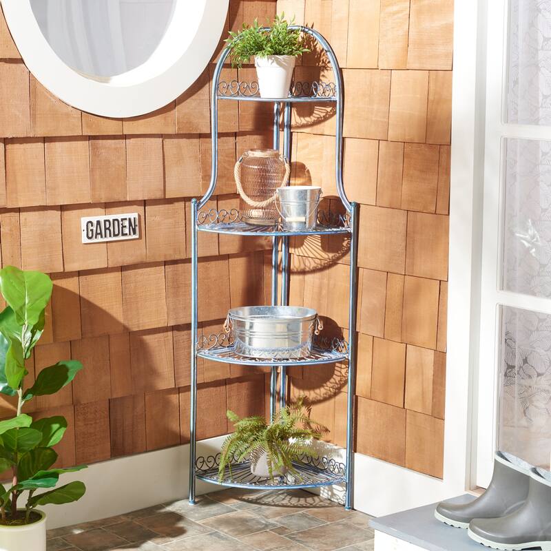 SAFAVIEH Shyla Victorian Wrought Iron 4-Tier Outdoor Corner Shelf - 14 In. W x 14 In. D x 60 In. H - 14Wx14Dx60H - Antique Blue