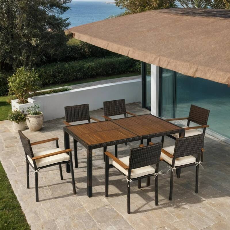 7 Pieces Outdoor Dining Set, Patio Conversation Set with 6 Chairs, Outdoor Table and Chairs Set with Cushion