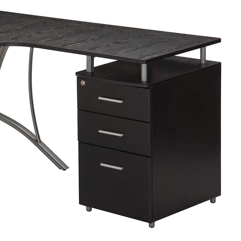 Contemporary L-Shaped Desk with Built-in Storage Cabinet, File Drawer, and Scratch-Resistant Steel Legs