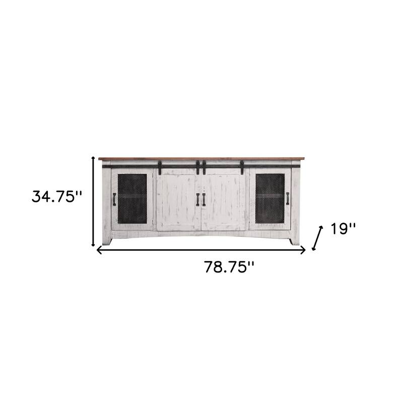 HomeRoots 79" White Solid Wood Cabinet Enclosed Storage Distressed TV Stand - 78.75' X '34.75' X '19