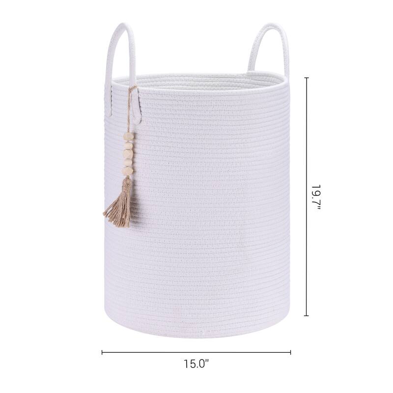 Woven Storage Bin with Handle and Tassel Beads, Storage Basket Organizer Bin for Blankets, Clothes, Shoes - 19*15in - White