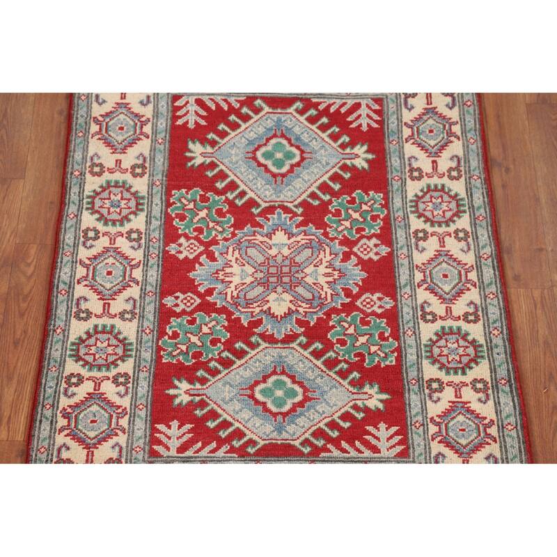 Geometric Red Kazak Accent Rug Hand-Knotted Bedroom Wool Carpet - 2'9" x 3'10"