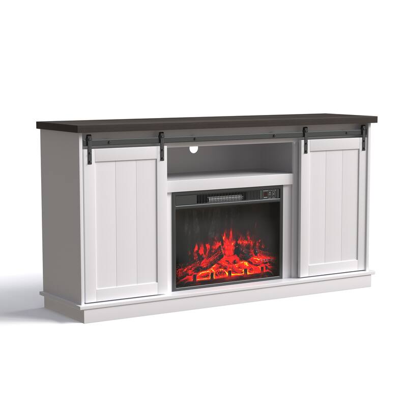 63" Farmhouse Fireplace TV Stand with Sliding Barn Door, Accommodates TVs Up to 65", Featuring Storage and Adjustable Shelves