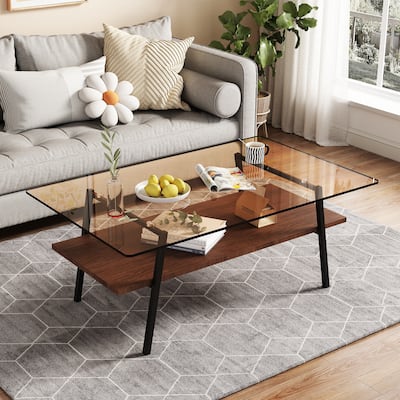 2-tier Rectangle Coffee Table with Metal Legs and Brown Tempered Glass Top