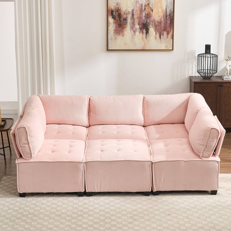 Ergonomic Lounge Modular Couch Corduroy Sectional Sofa with Deep Seat Ottoman Chaise and High-Rebound Thick Cushions - Pink