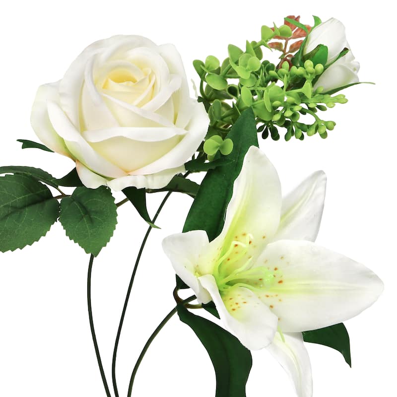 Set of 2 Cream White Artificial Mixed Rose Stargazer Lily Flower Stem Bush Bouquet 18in - 18" L x 11" W x 11" DP