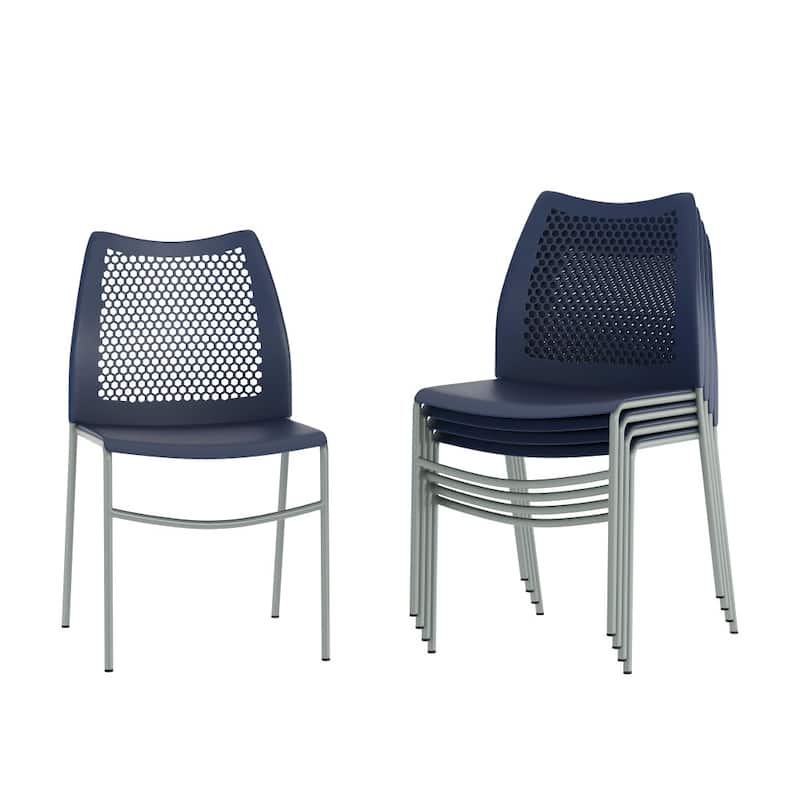 5 Pack Stackable Chair with Vented Back and Waterfall Seat - 17.75"W x 21.5"D x 32"H - Navy Plastic/Gray Frame
