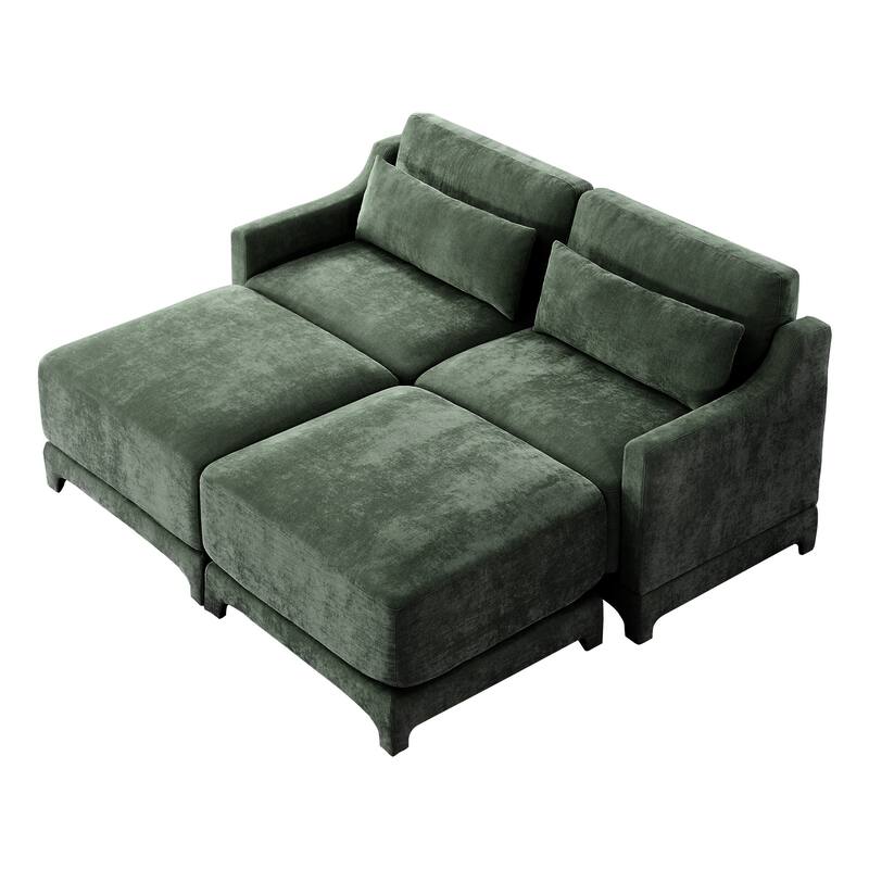 73.2" Chenille 2-Seater Sofa with Ottoman, 2 Lumbar Pillows, High-Resilience Sponge and Solid Wood Base