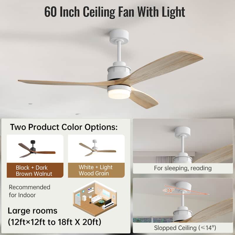 42“/52"/60"/48" Noiseless Walnut Wood Ceiling Fan with Remote Control, Integrated Light Optional