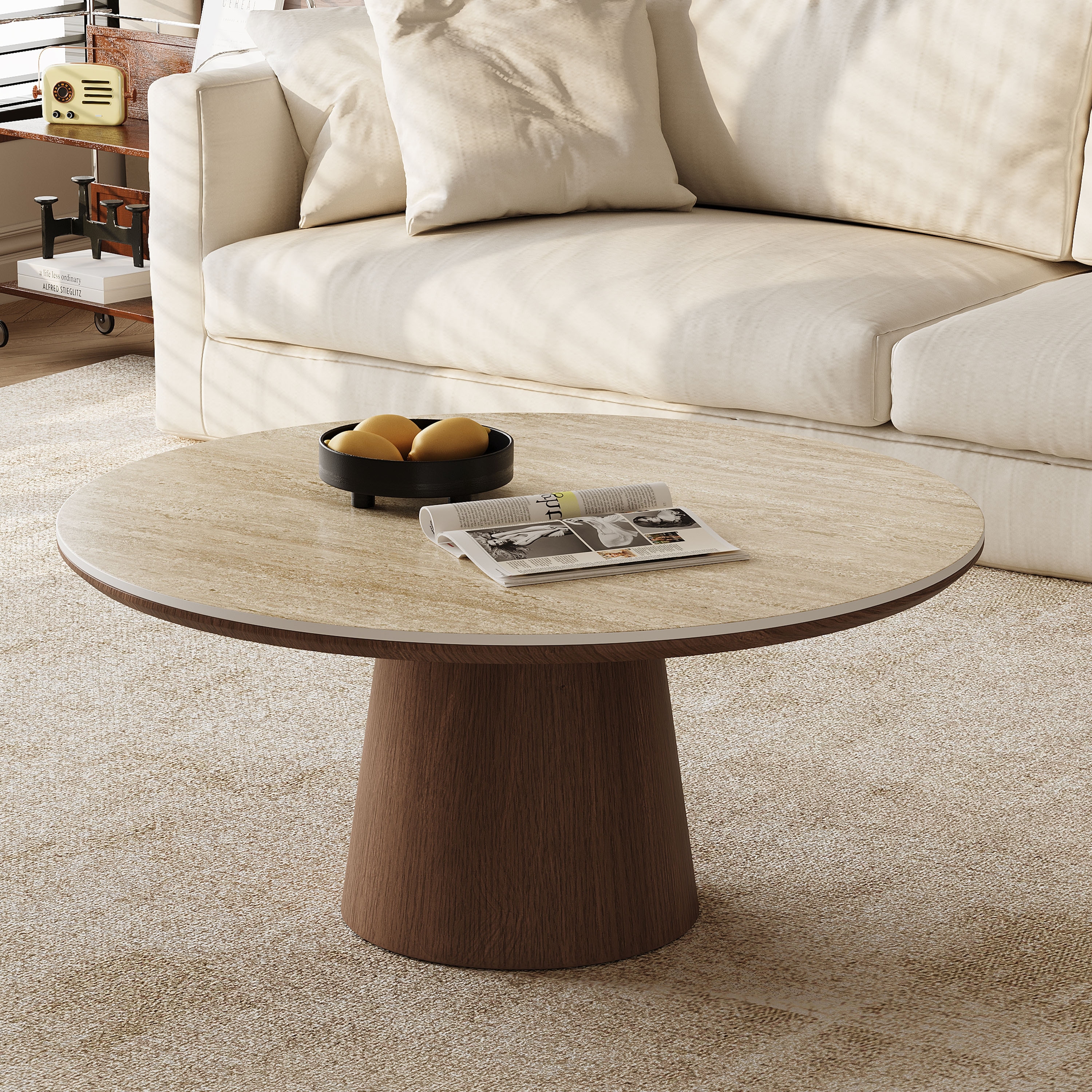35.5 Inch Round Coffee Table, Travertine Look Sintered Stone Top, Walnut Solid Wood Full Base