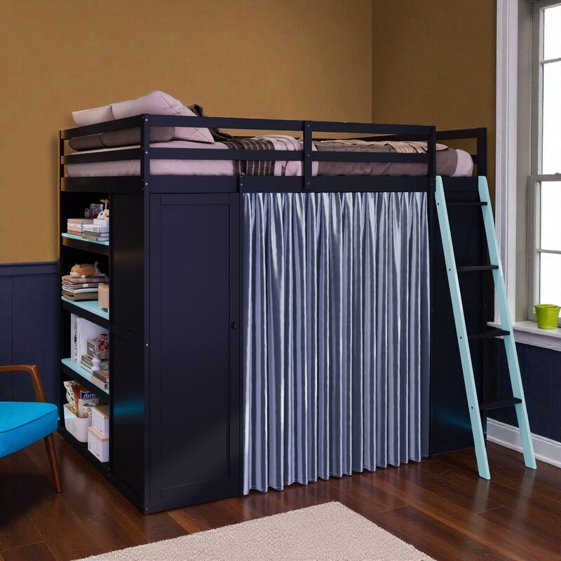 Full Size Loft Bed with Wardrobe, Desk, Shelves, Blackout Curtains & RGB Lights, Workstation with USB Port