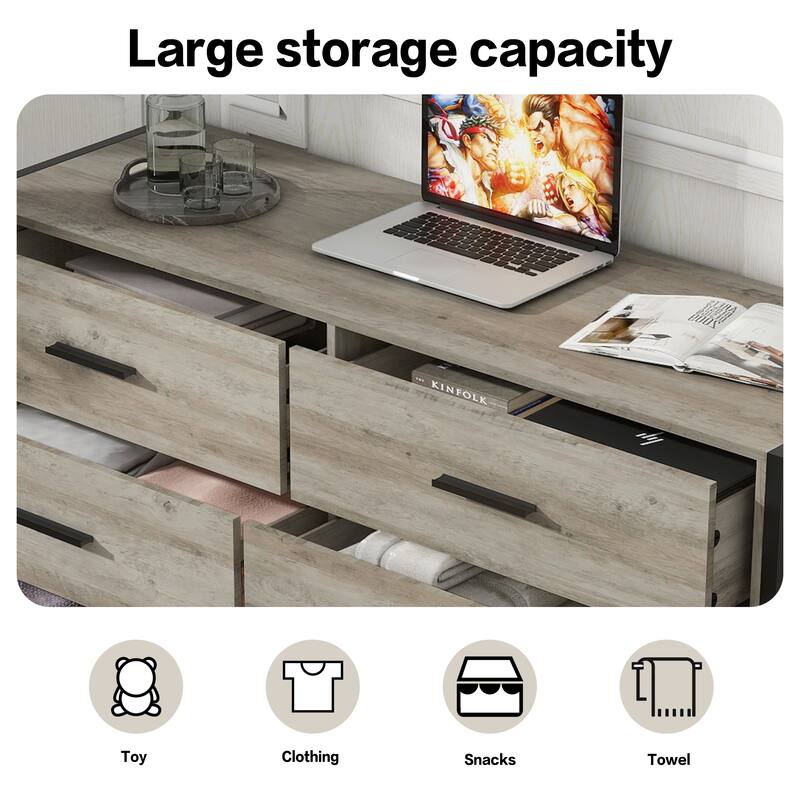 Wood Dresser with 6 Drawers, Solid Clothes Cabinet with Sturdy Steel Frame, 48.58"W×15.75"D×31.22"H, 48 inch, Rustic Grey