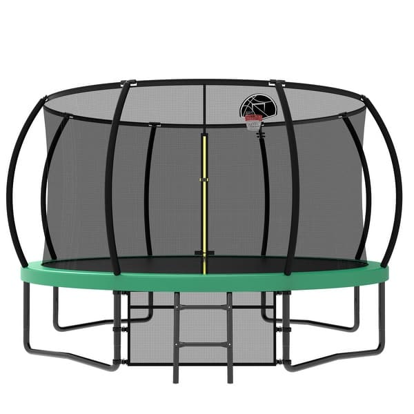 slide 2 of 12, 12' Outdoor Recreational Trampoline with Safety Enclosure Net Green