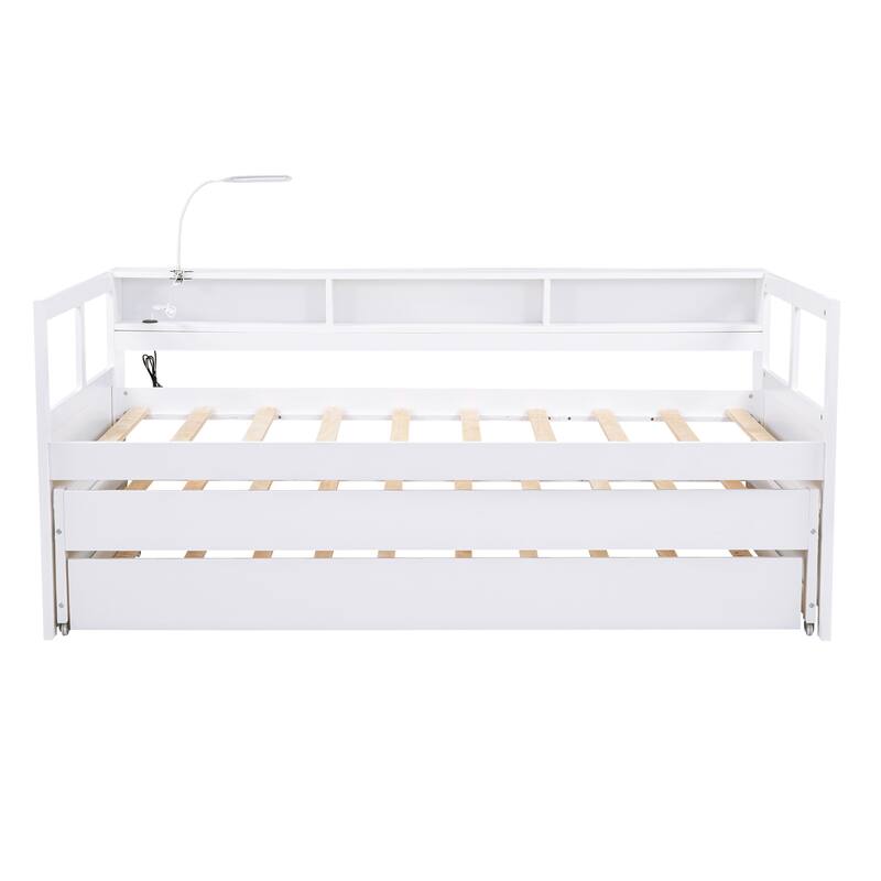 Roomfitters Twin XL Daybed with Dual Trundles, USB Charging Ports and Three Built-In Storage Cubbies, White