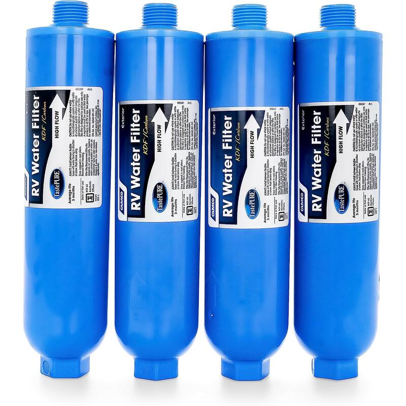 Camco TastePURE 20 Micron Camper RV Water Filter w/GAC & KDF Filtration (4-Pack) - 0.01