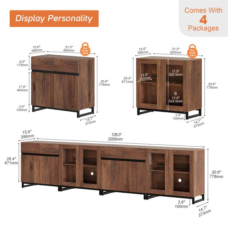 Modern Dresser with Adjustable Shelves, 4 in 1 Storage Cabinet with Glass Doors