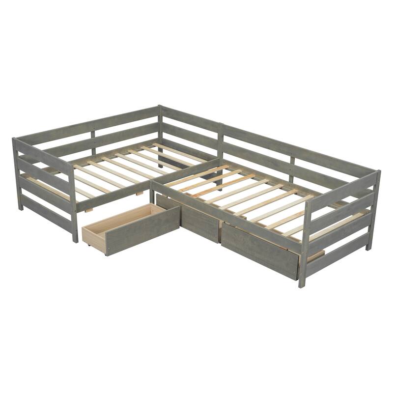 Twin Size L-shaped Platform Bed with Storage Drawers, Wooden Bed Frame