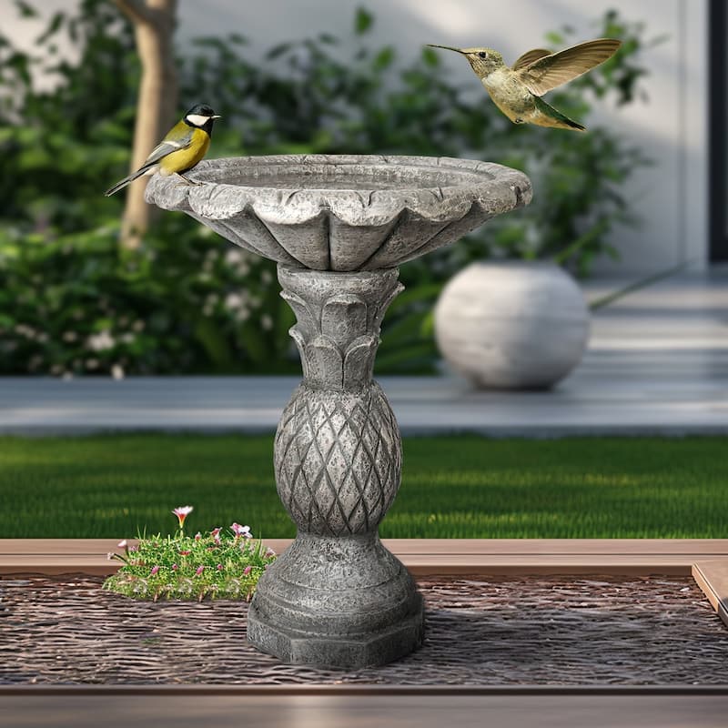 24.8in Concrete Outdoor Bird Bath w/Pineapple Pedestal and Flower Bowl - Grey