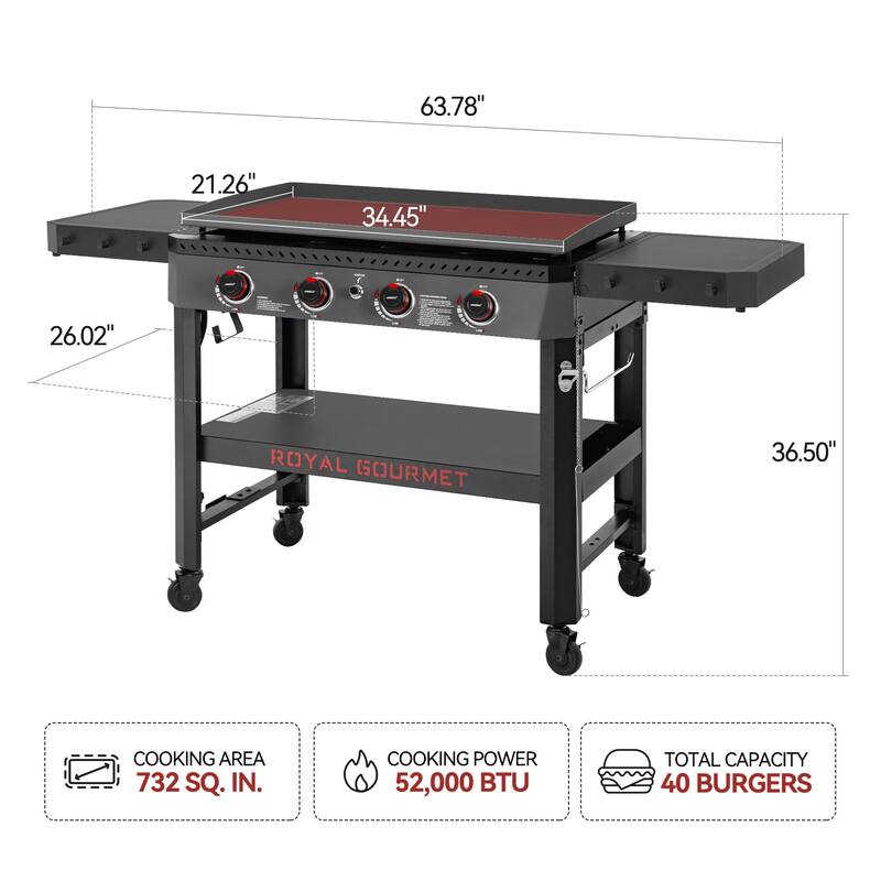 Royal Gourmet 34-Inch 4-Burner Gas Griddle with Side Shelves