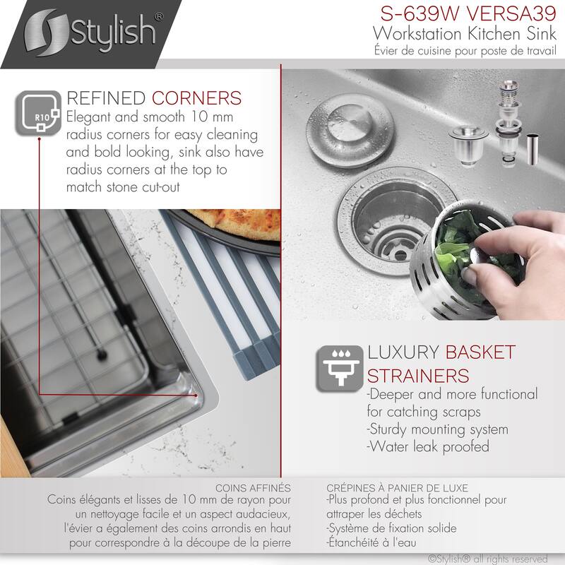 STYLISH 39 inches Workstation Single Bowl Undermount 16 Gauge Stainless Steel Kitchen Sink with Accessories included