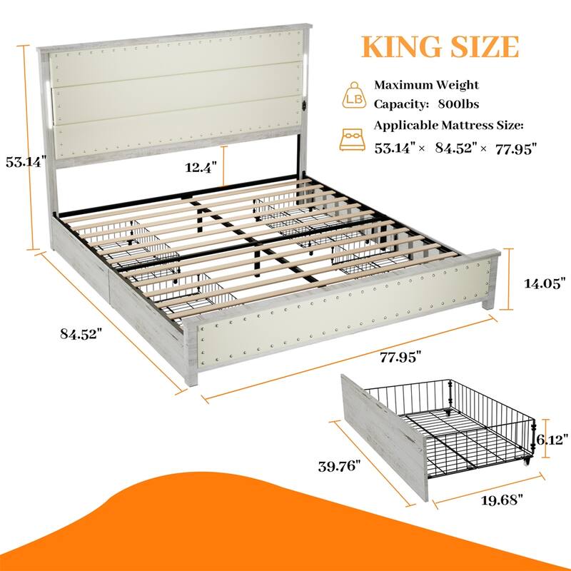 King Size LED Platform Bed with Charging Station and 4 Storage Drawers