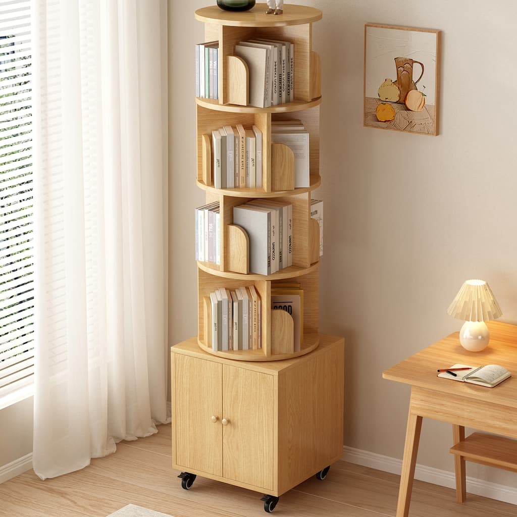 5-Tier Rotating Bookshelf, 360-Degree Display with Drawer for Small Spaces, Floor Bookcase for Living Room