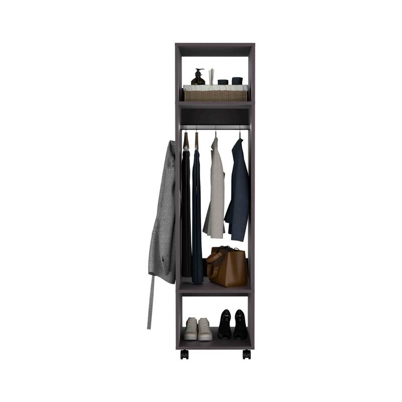 15.7" Modern Mirrored Armoire with Three Shelves, Casters and Hanging Rod