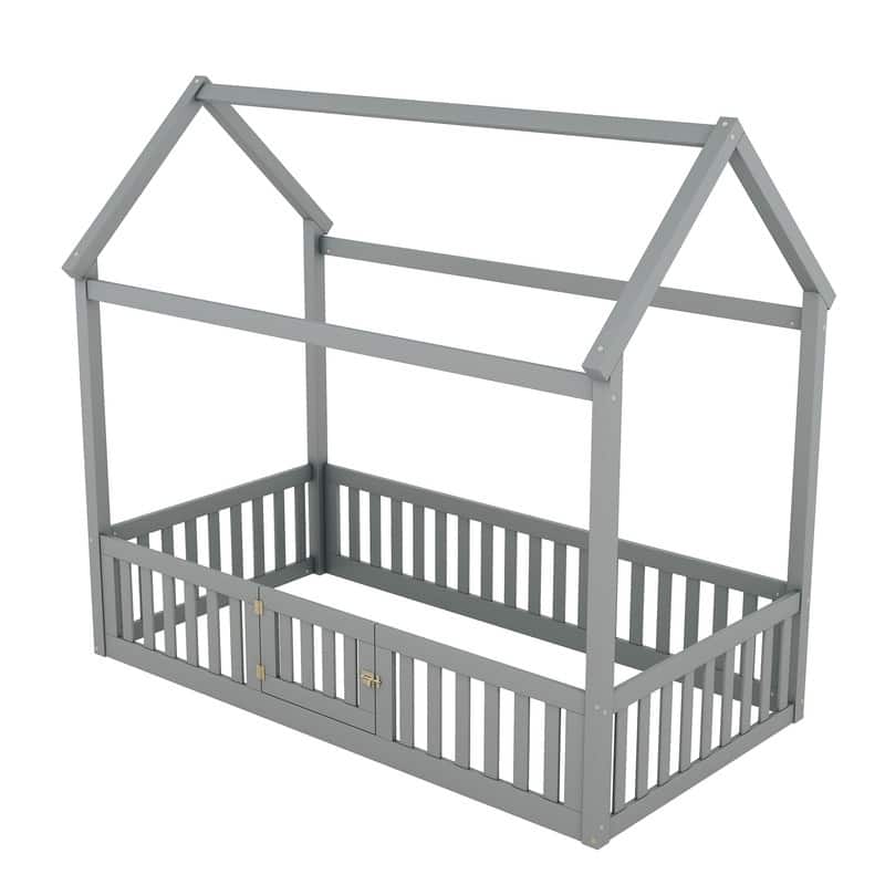 Twin Size Wood House Bed with Fence and Door, Kids Bed