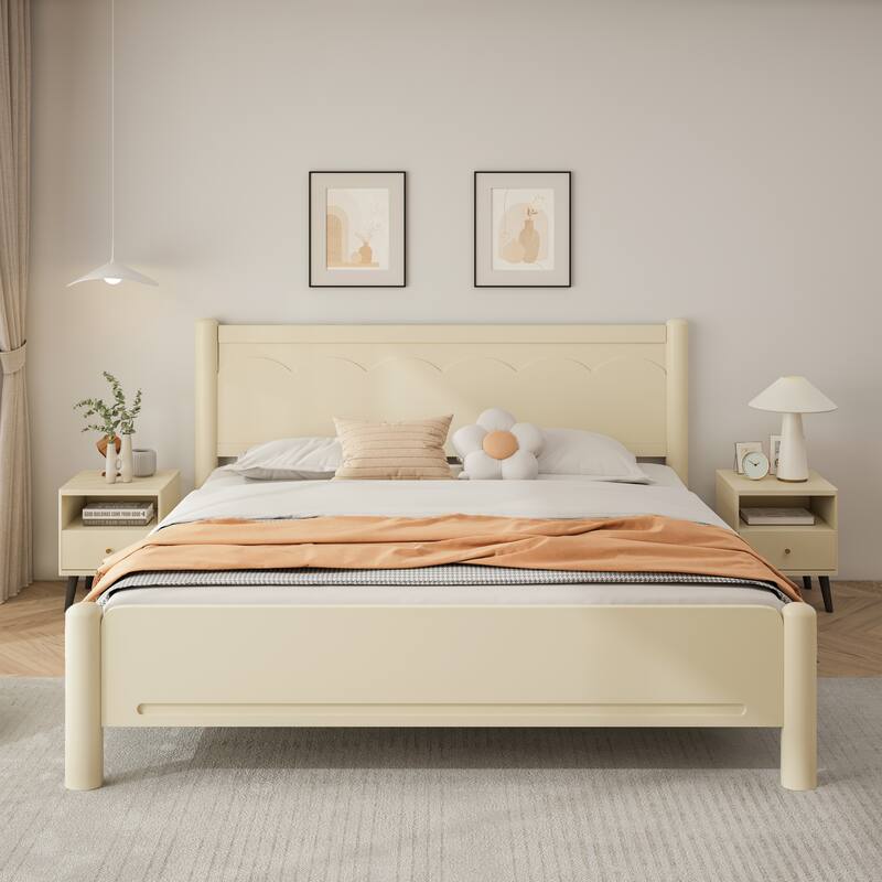 King Size Solid Wood Platform Bed with Headboard, 10 Wooden Slats Support, No Box Spring Needed, Beige Finish - Beige+Natural