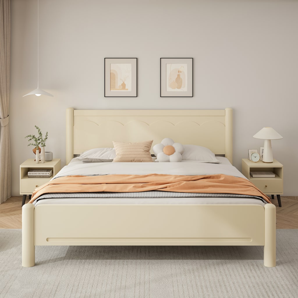 King Size Solid Wood Platform Bed with Headboard, 10 Wooden Slats Support, No Box Spring Needed, Beige Finish