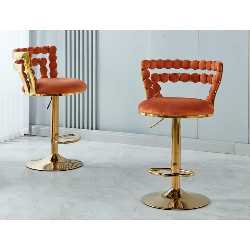 Bar Stools Set of 2, Adjustable Upholstered Bar Stools with Backrest, Dining Chairs with Iron Tube Legs and Footrest - Golden