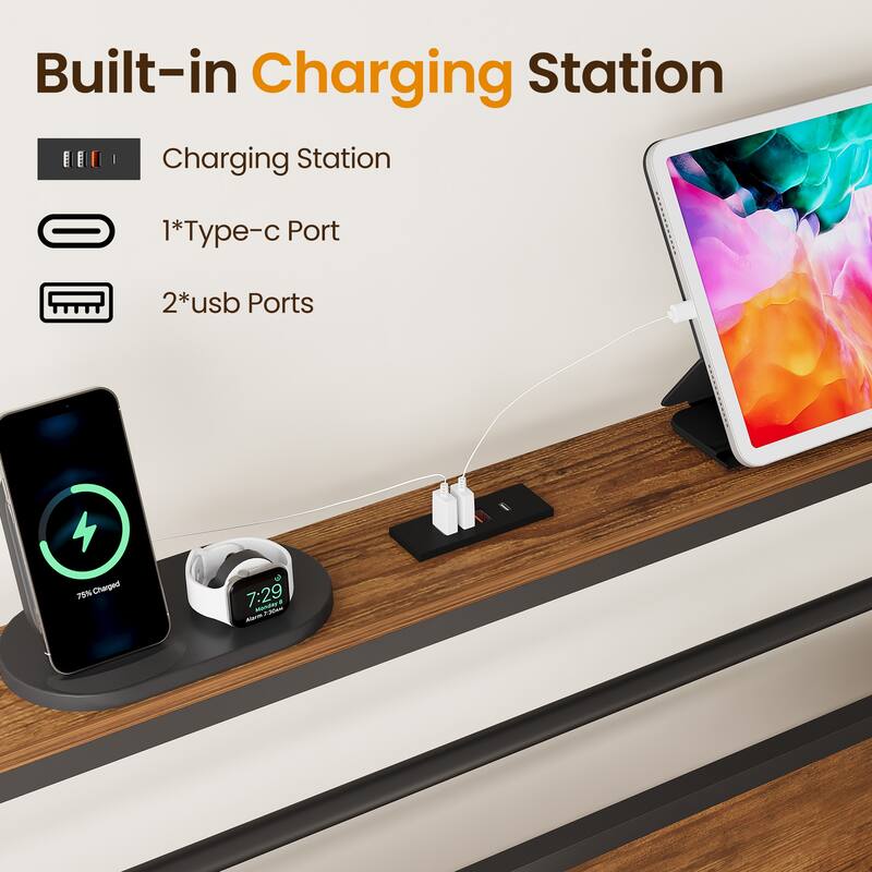 Bed Frame with Storage Shelves and Charging Station - Full