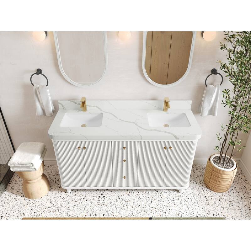 Willow Collections 60 in. W x 22 in. D Reeded Miami Double Bowl Sink Bathroom Vanity with Countertop - 2”Calacatta Laza - White