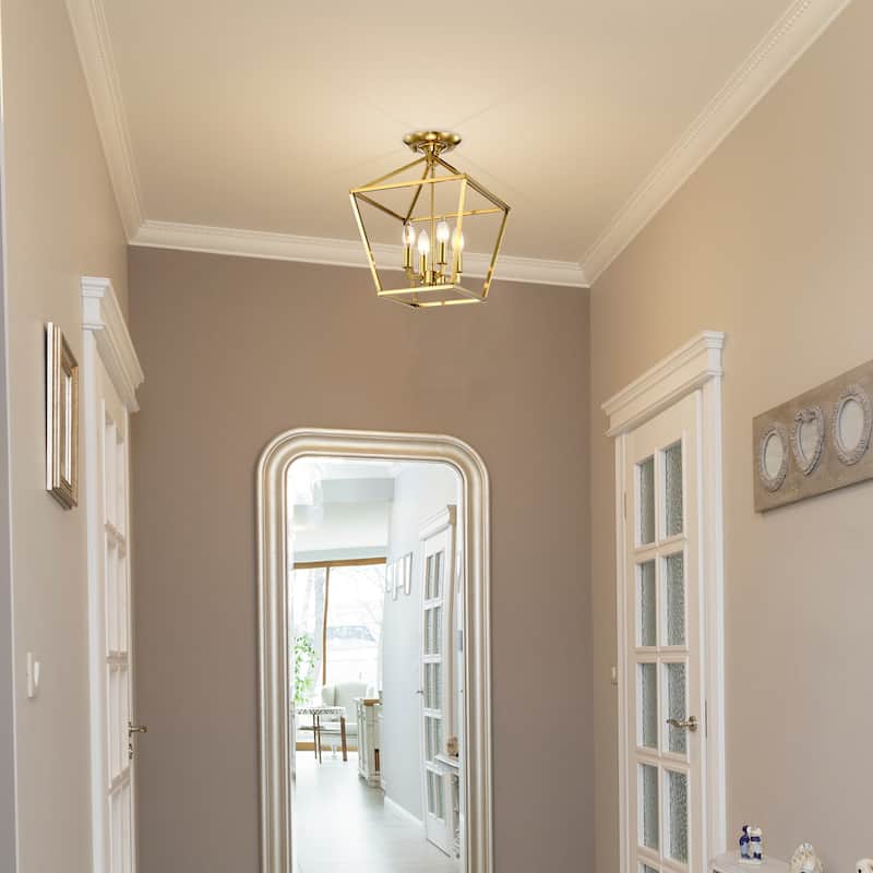4-Light 12 in. Gold Cage Lantern Farmhouse Semi-flush Mount